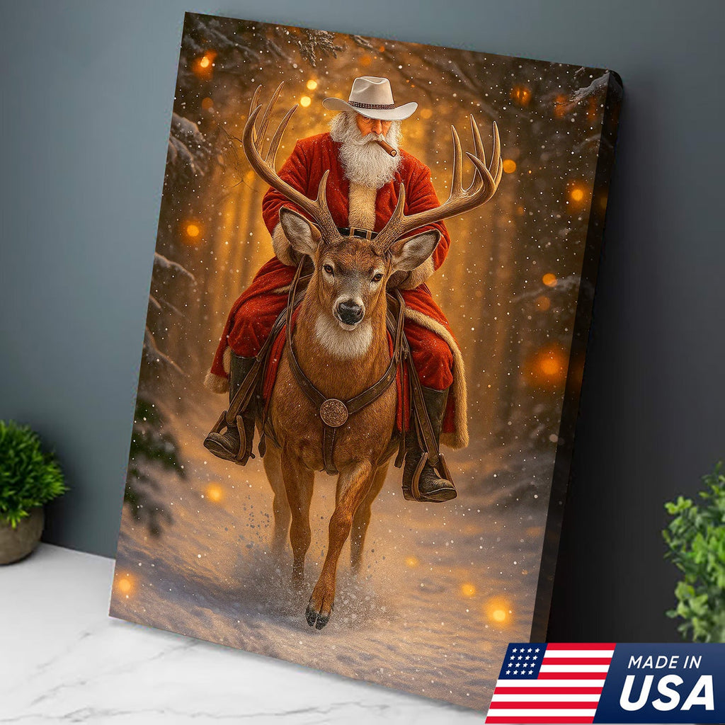 Cowboy Santa Riding Deer Canvas, Western Christmas Wall Art Decor