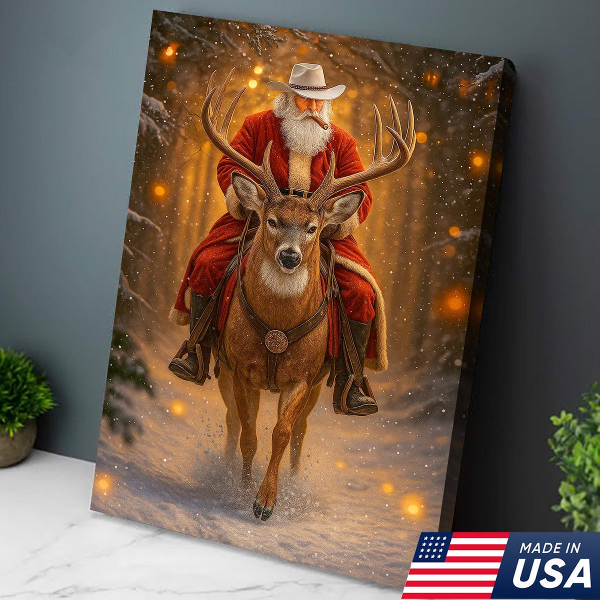 Cowboy Santa Riding Deer Canvas, Western Christmas Wall Art Decor