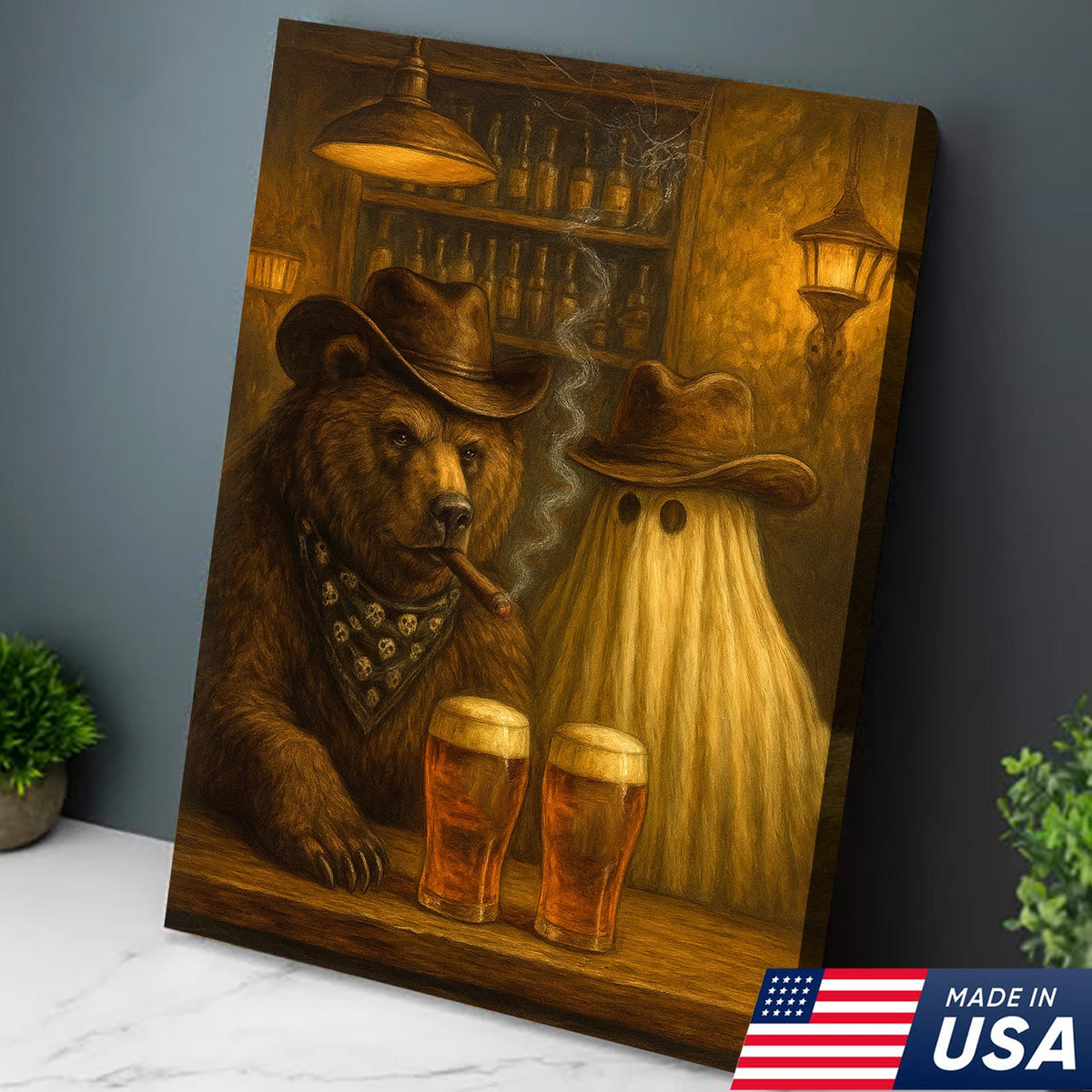 Halloween Bar Bear Canvas – Funny Rustic Cowboy Ghost Wall Art for Cabin, Hunters