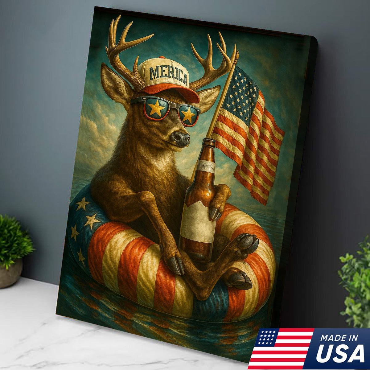 Patriotic Deer Wall Art Canvas – Funny American Flag Wall Art, Man Cave & Rustic Cabin Decor