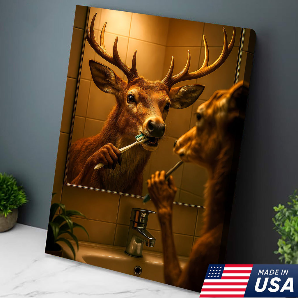 Deer Brushing Teeth Canvas – Funny Bathroom Wall Art, Cabin Decor Gift for Hunters