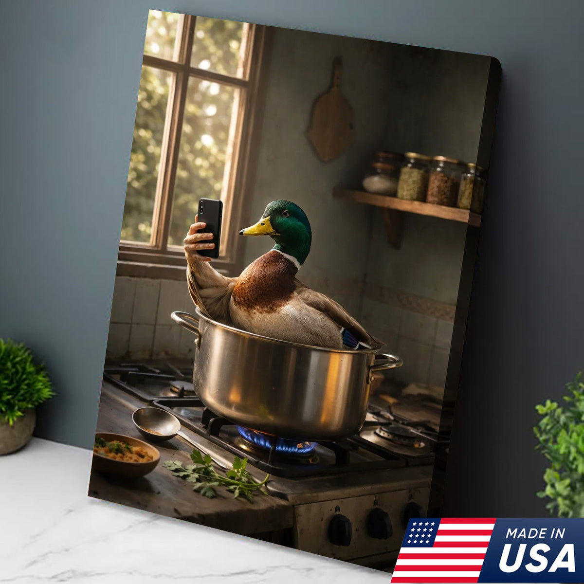 Funny Duck Cooking Selfie Canvas Wall Art, Whimsical Kitchen Animal Illustration