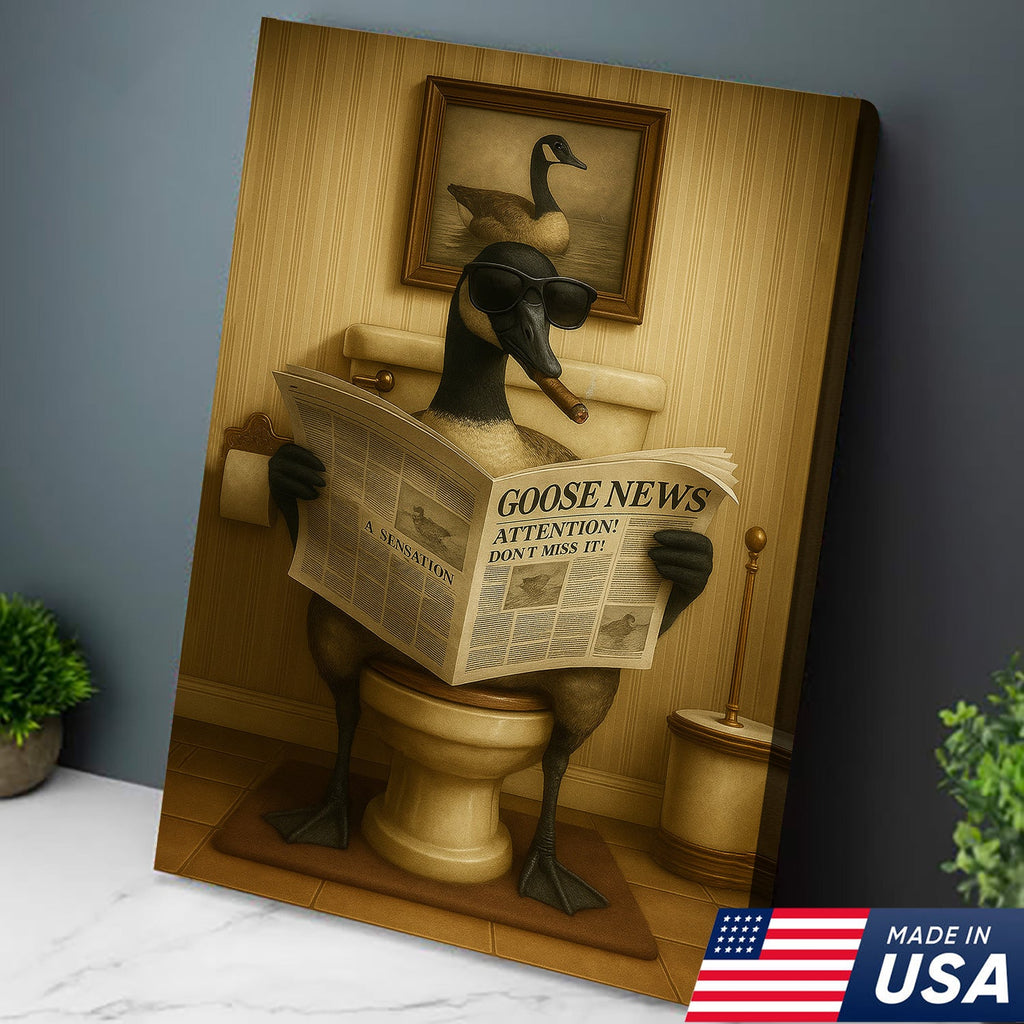 Funny Canada Goose Reading Newspaper Canvas – Funny Bathroom Wall Art
