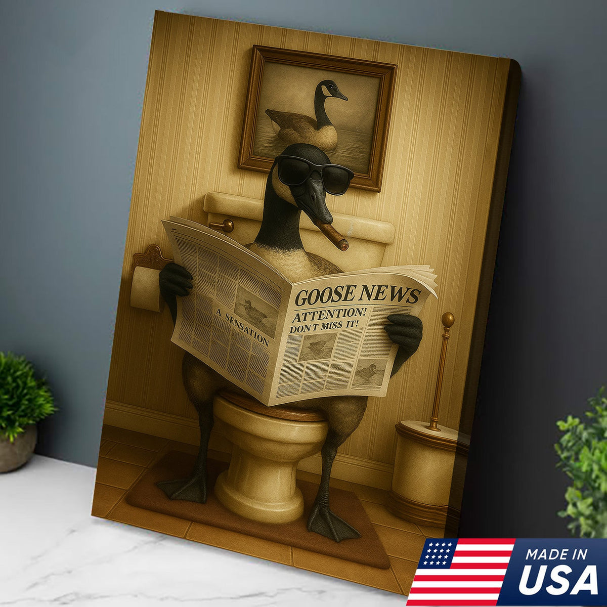 Funny Canada Goose Reading Newspaper Canvas – Funny Bathroom Wall Art