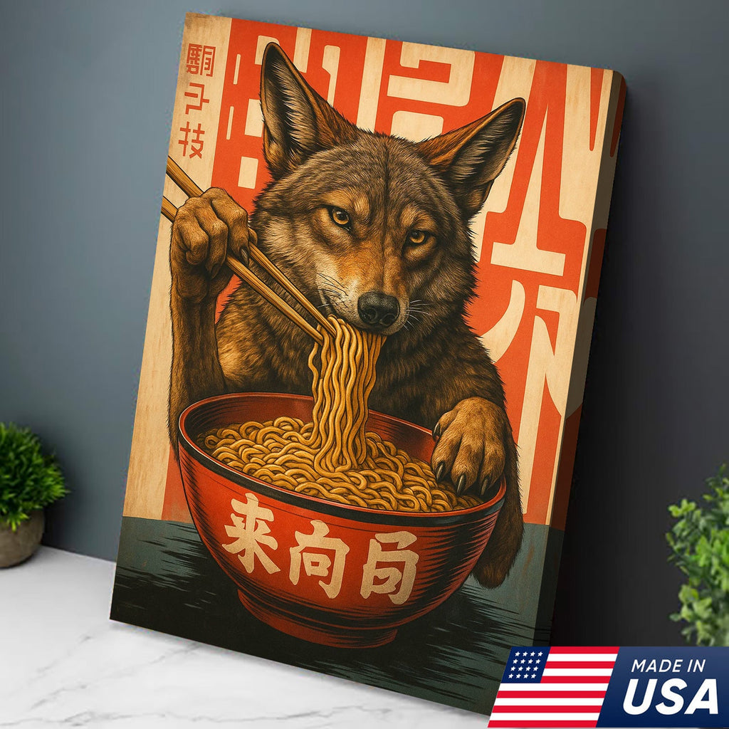 Funny Wolf Coyote Eating Ramen Canvas Wall Art, Quirky Animal Kitchen Decor
