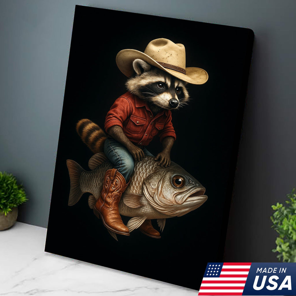 Cowboy Raccoon Riding Fish Canvas – Surreal Western Wall Art for Man Cave Decor