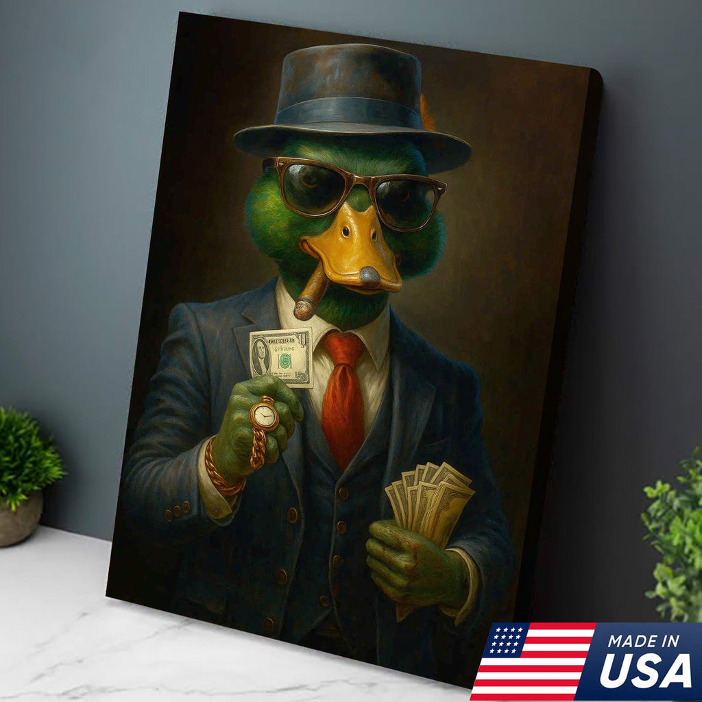 Gangster Duck Money Canvas Wall Art, Rich Boss Duck in Suit Holding Cash
