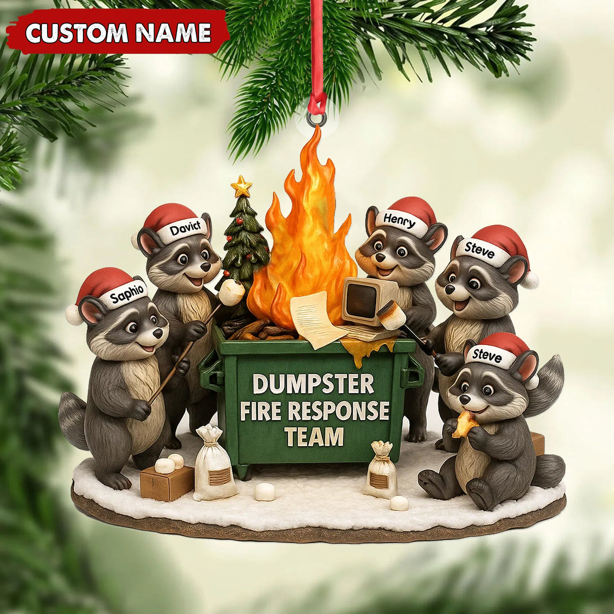 Personalized Dumpster Fire Response Team Christmas Ornament, Custom Name Raccoon Office Crew Gift, Funny Workplace Dumpster Fire Holiday Decor