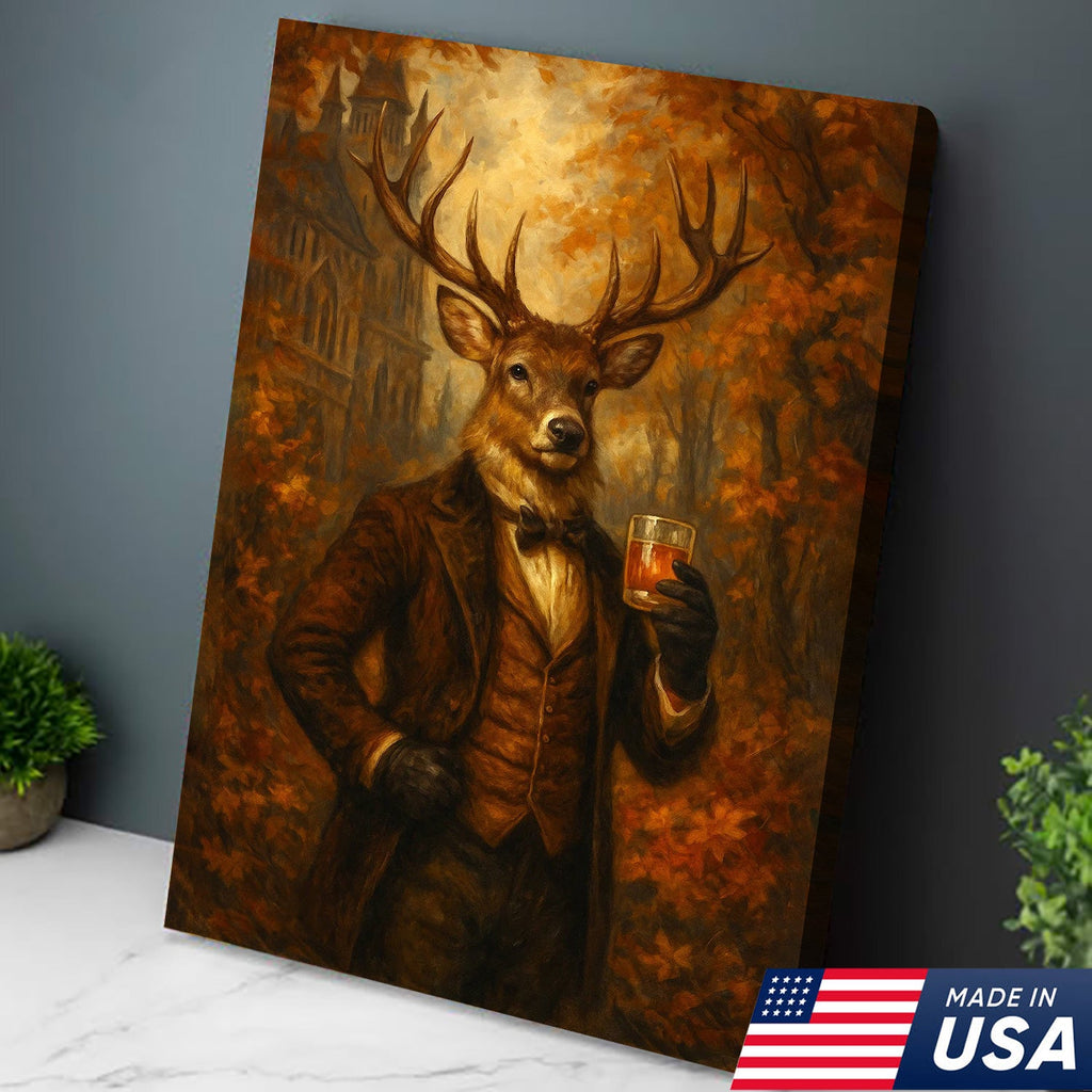 Deer Gentleman Whiskey Canvas Wall Art – Rustic Fall Hunting Lodge & Man Cave Decor