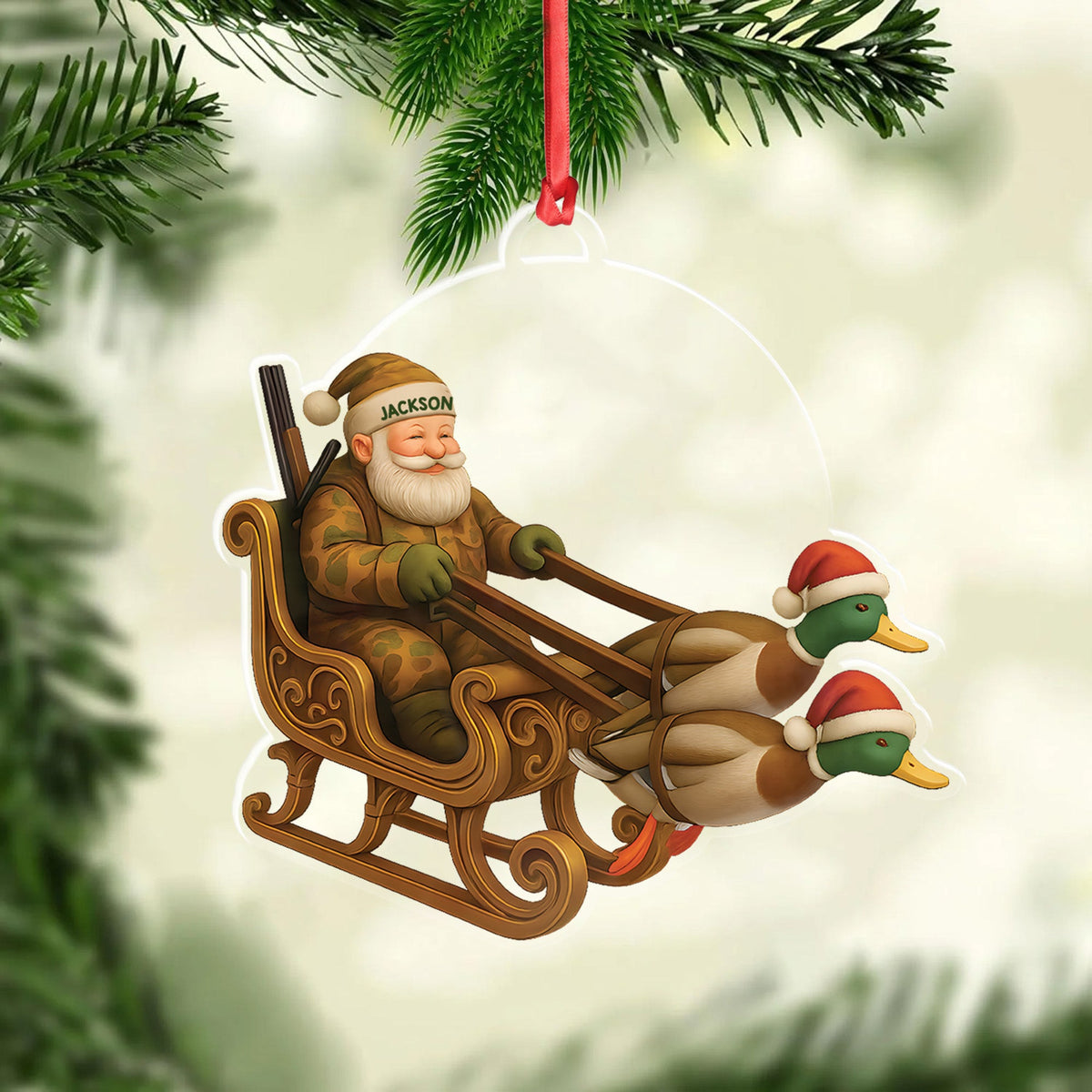 Personalized Funny Santa Hunter Acrylic Ornament– Duck Hunting Christmas Wall Art, Santa Claus with Ducks Sleigh, Custom Hunter Gift for Men
