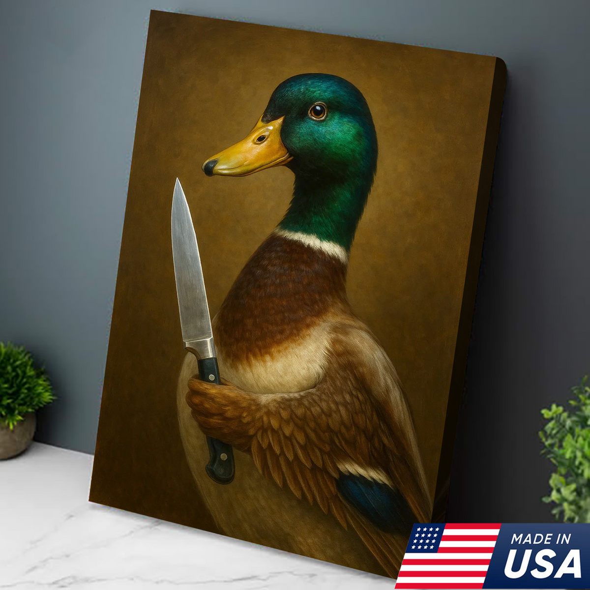 Funny Duck Chef Canvas Wall Art, Mallard Portrait for Kitchen Decor