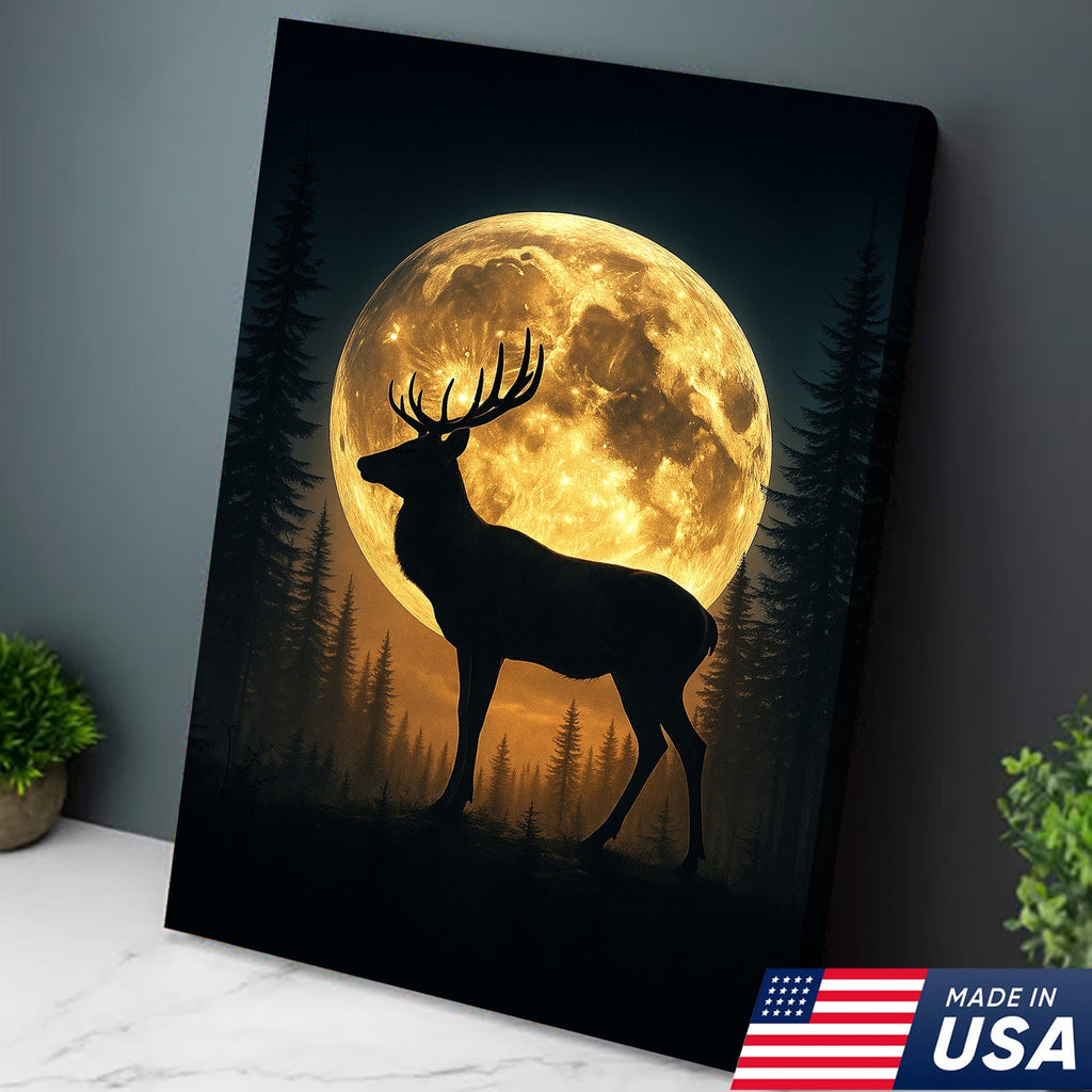 Moonlit Deer Silhouette Canvas – Rustic Forest Wall Art for Cabin & Lodge Decor
