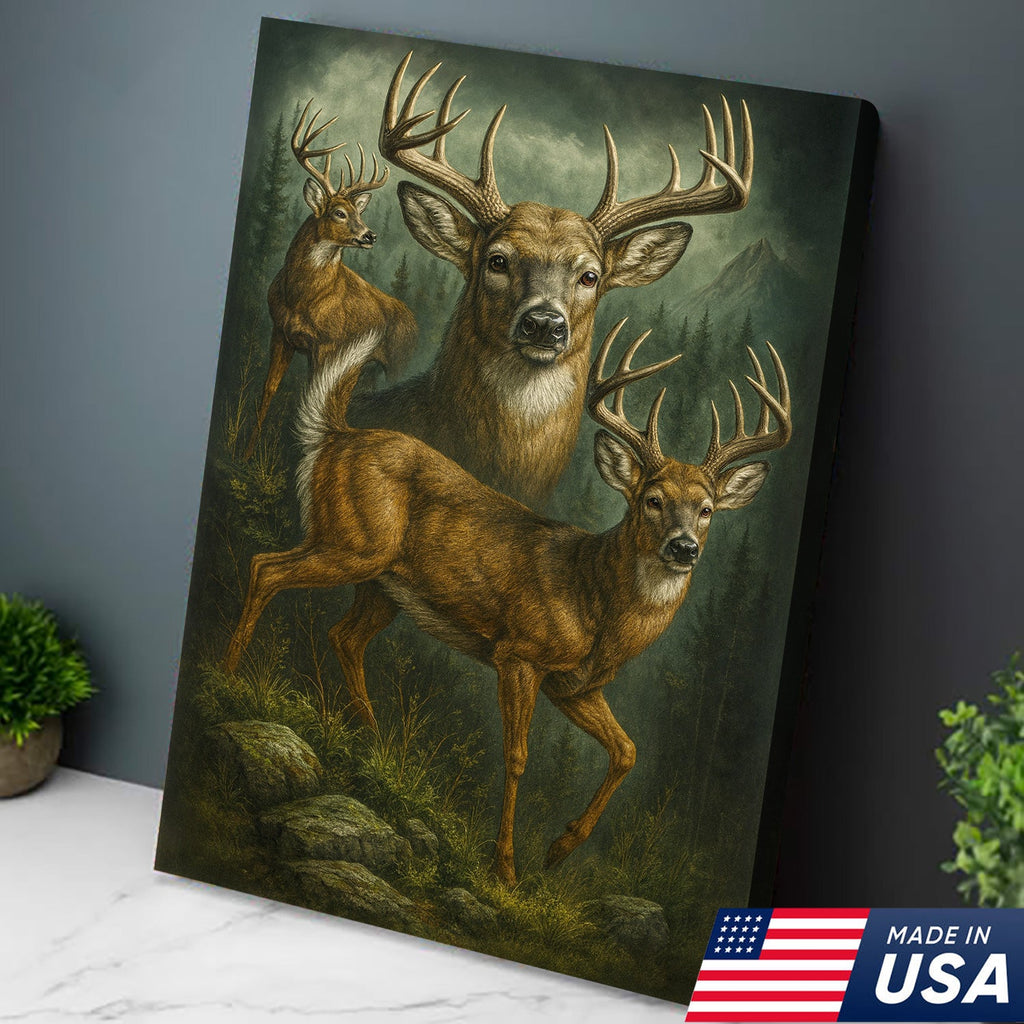 Whitetail Deer Trio Canvas Wall Art, Majestic Bucks in Forest Scene, Perfect Hunting Lodge