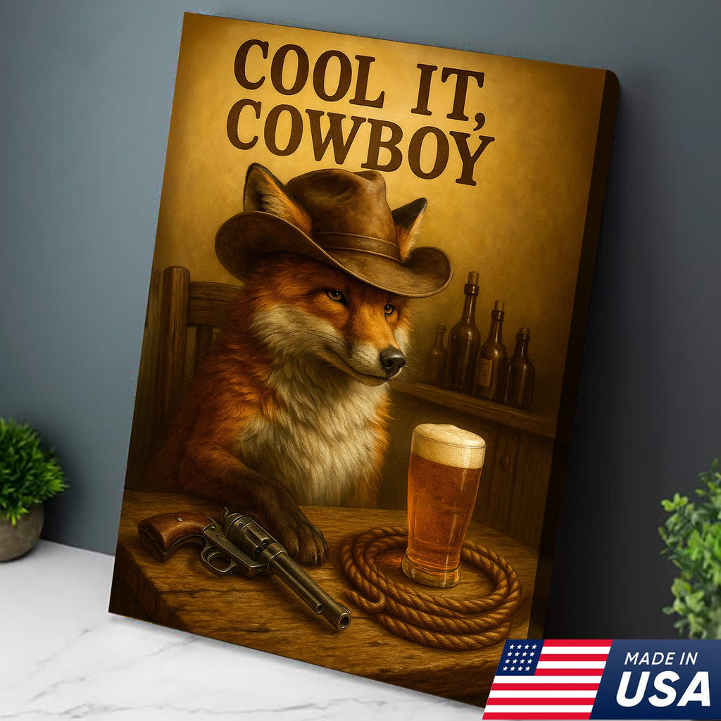 Cowboy Fox Canvas Wall Art – Rustic Western Saloon Painting with Coors Beer