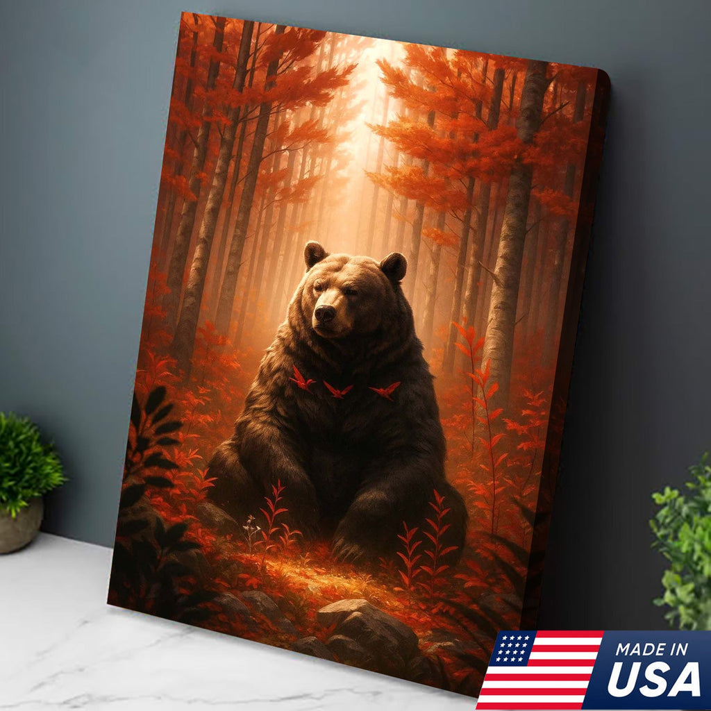 Autumn Forest Bear Canvas Wall Art, Majestic Brown Bear in Fall Woodland