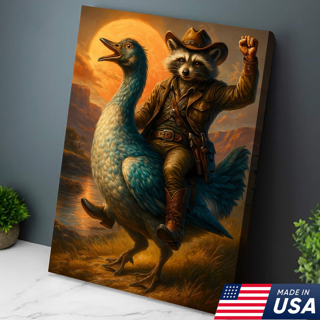 Raccoon Cowboy Riding Goose Canvas – Funny Western Wall Art for Hunters & Animal Lovers