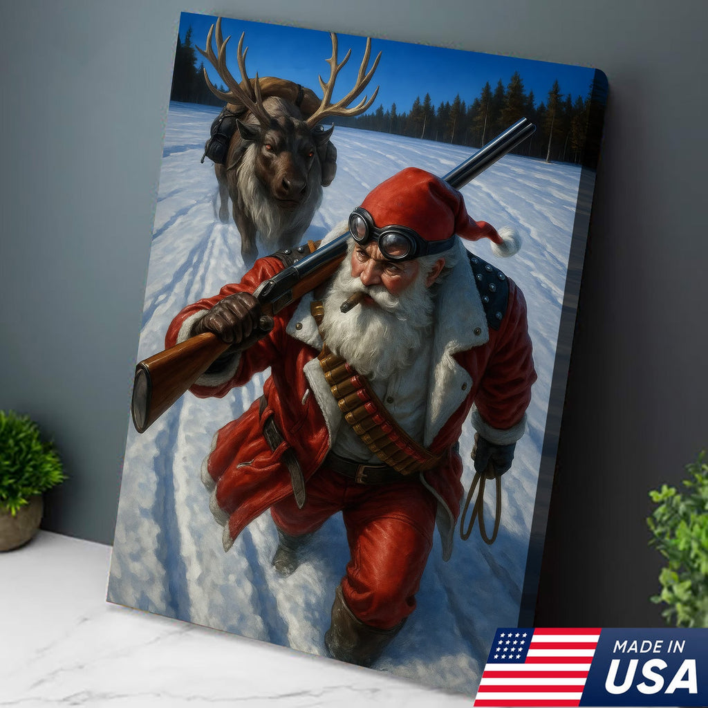 Action Santa Sprinting with Reindeer Canvas Wall Art, Epic Winter Christmas Decor