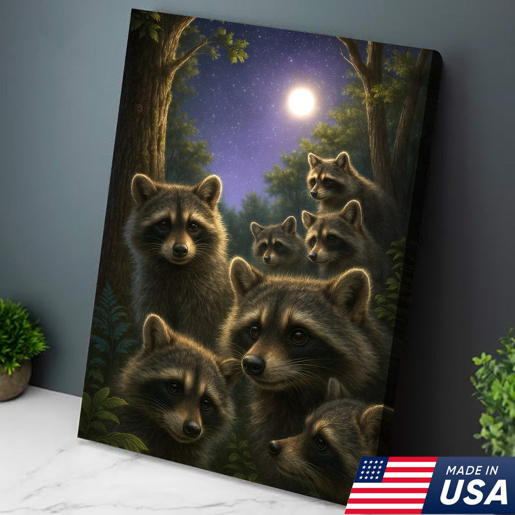 Raccoons Under Full Moon Canvas – Woodland Night Scene, Rustic Lodge Wall Art