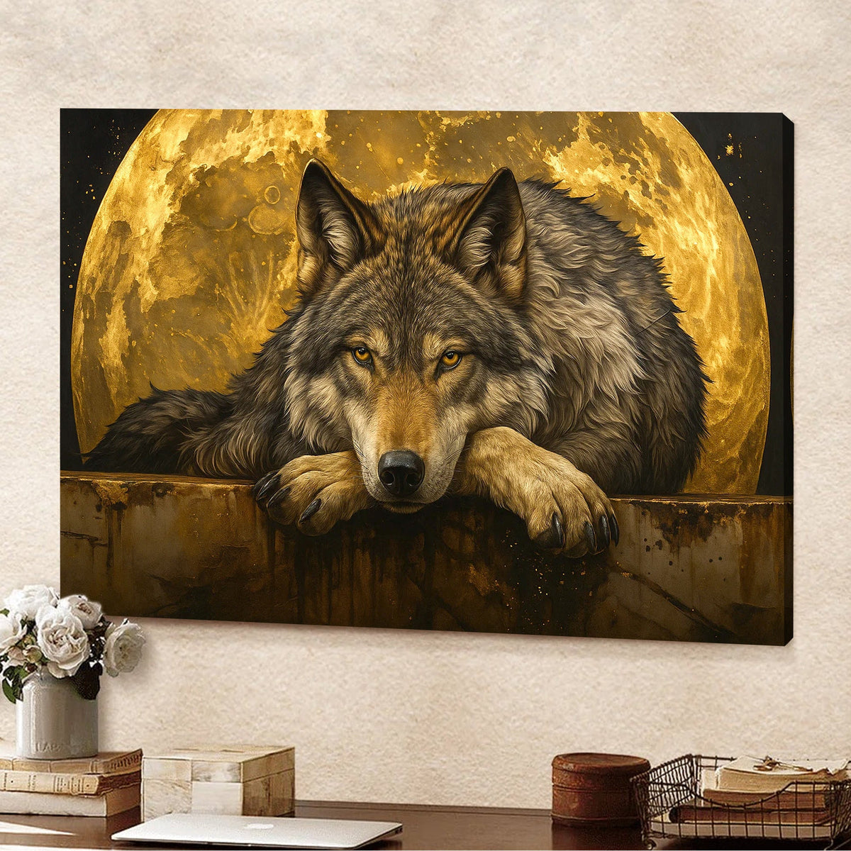 Wolf Canvas Wall Art – Majestic Wolf with Full Moon – Rustic Wildlife Decor for Cabin