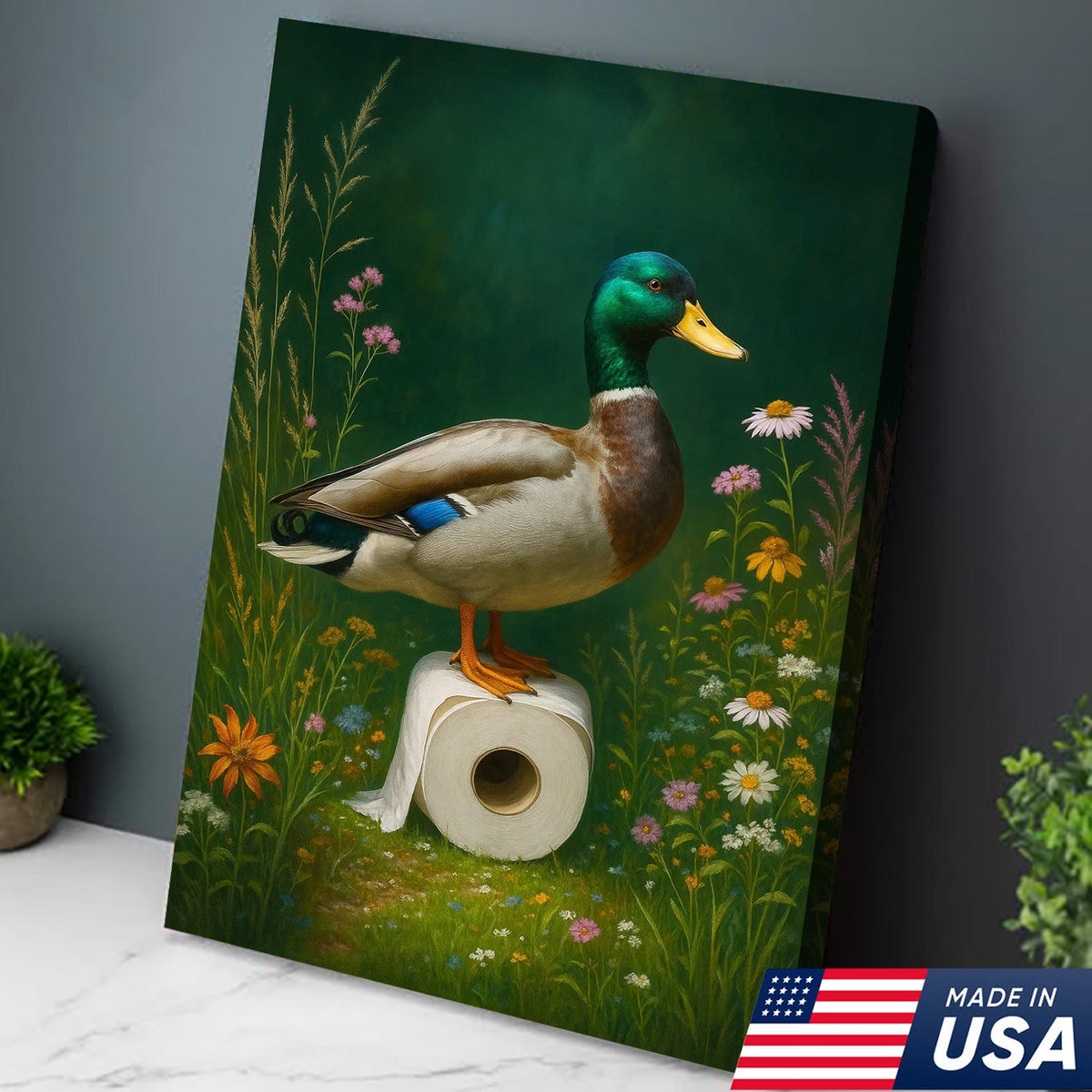Duck on Toilet Paper Canvas Wall Art, Funny Bathroom Decor with Wildflowers