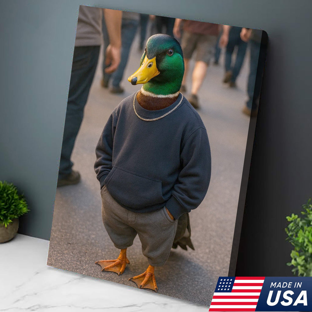 Funny Duck Canvas Wall Art, Cool Mallard in Hoodie Streetwear Poster