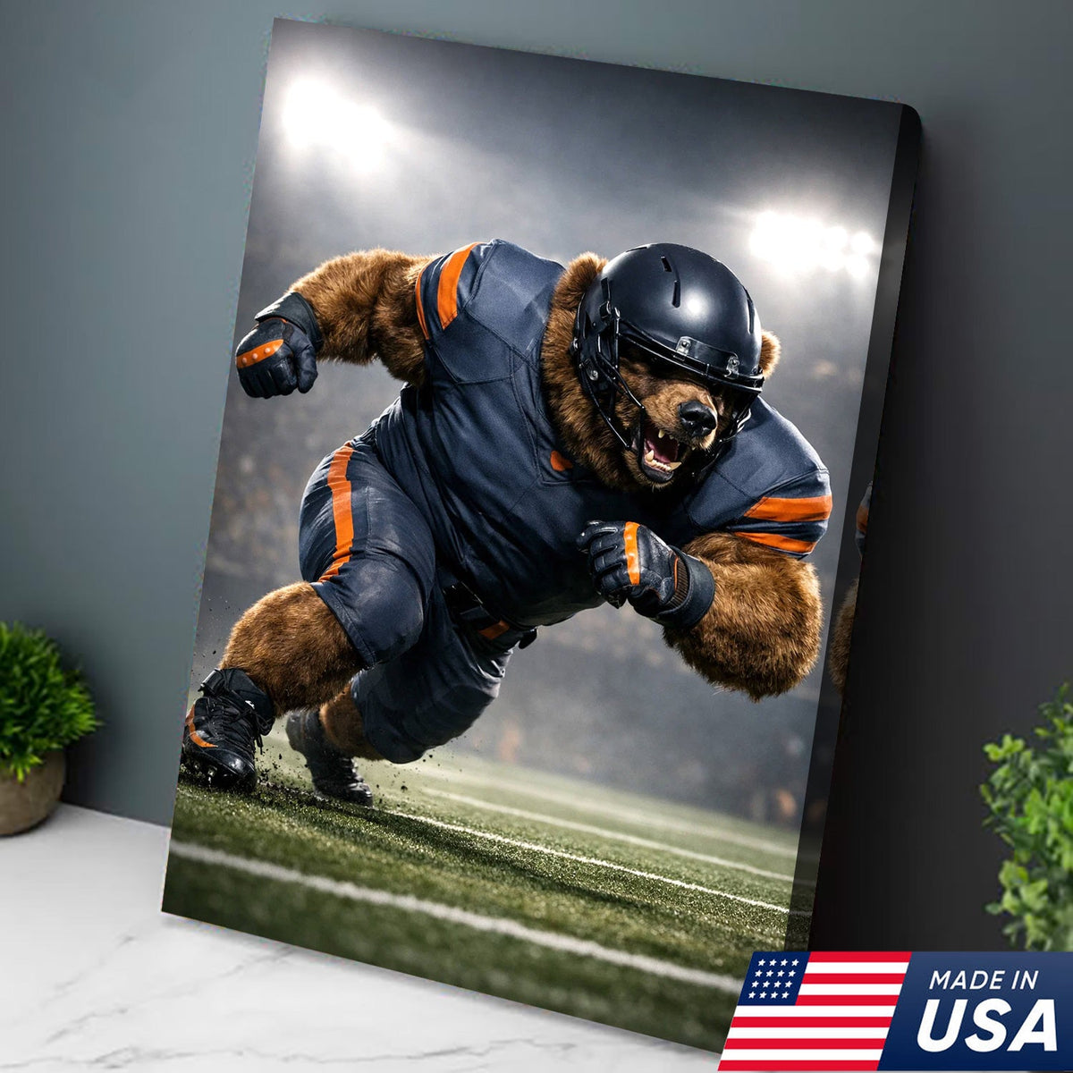 Raging Grizzly Football Canvas Wall Art – Powerful Bear Athlete Stadium Action Print