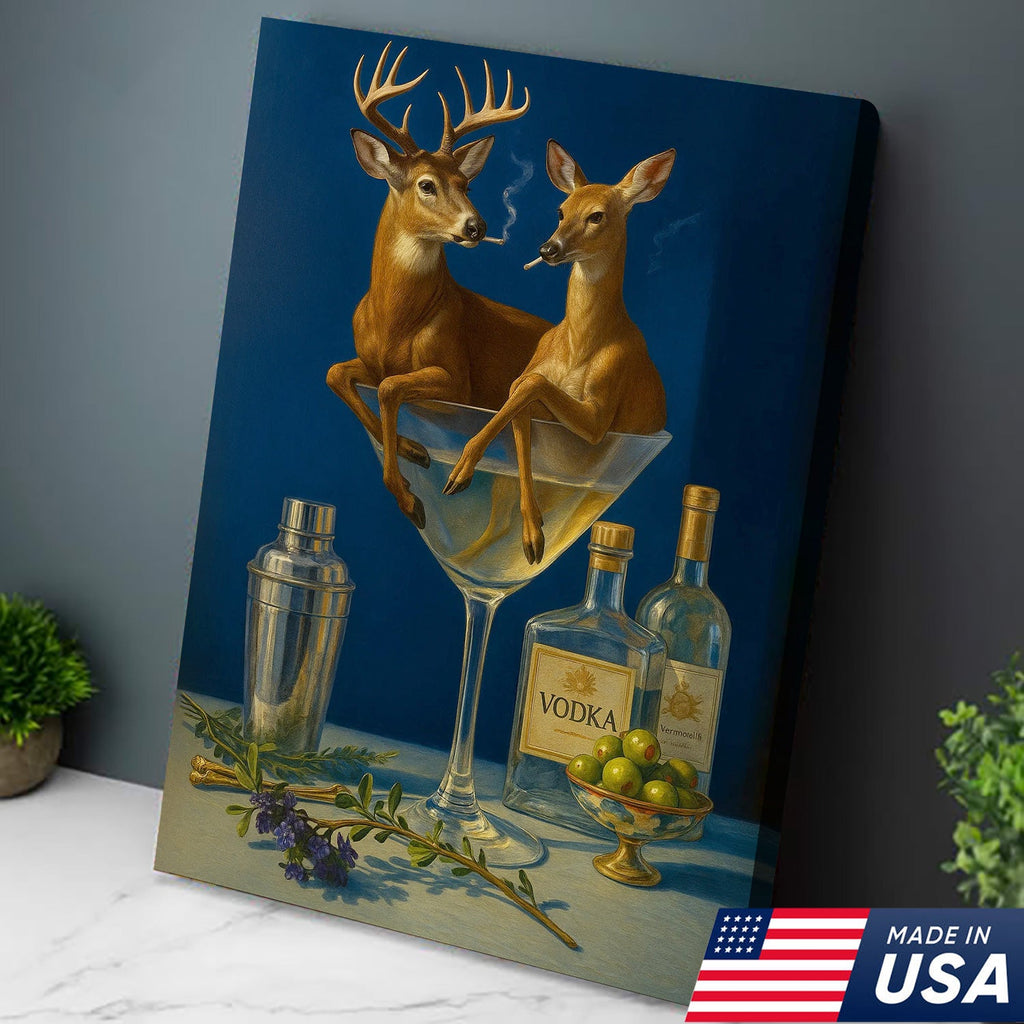 Funny Deer Couple Wall Art Canvas – Whimsical Buck and Doe in Martini Glass