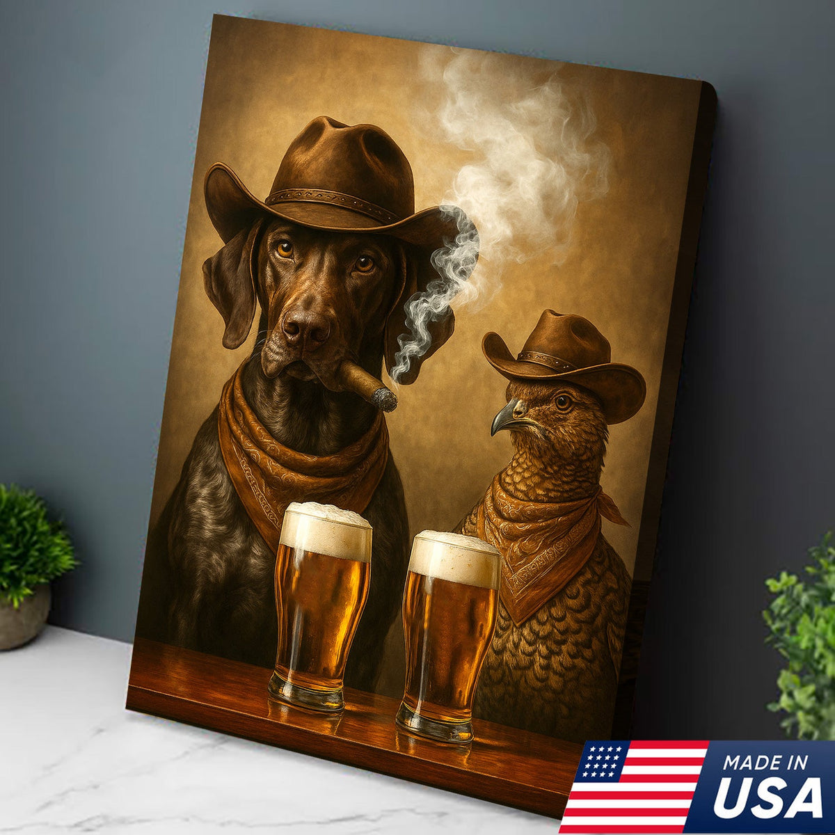 Funny Dog & Grouse Beer Canvas Wall Art – Rustic Cowboy Bar Decor Gift for Hunters & Outdoorsmen