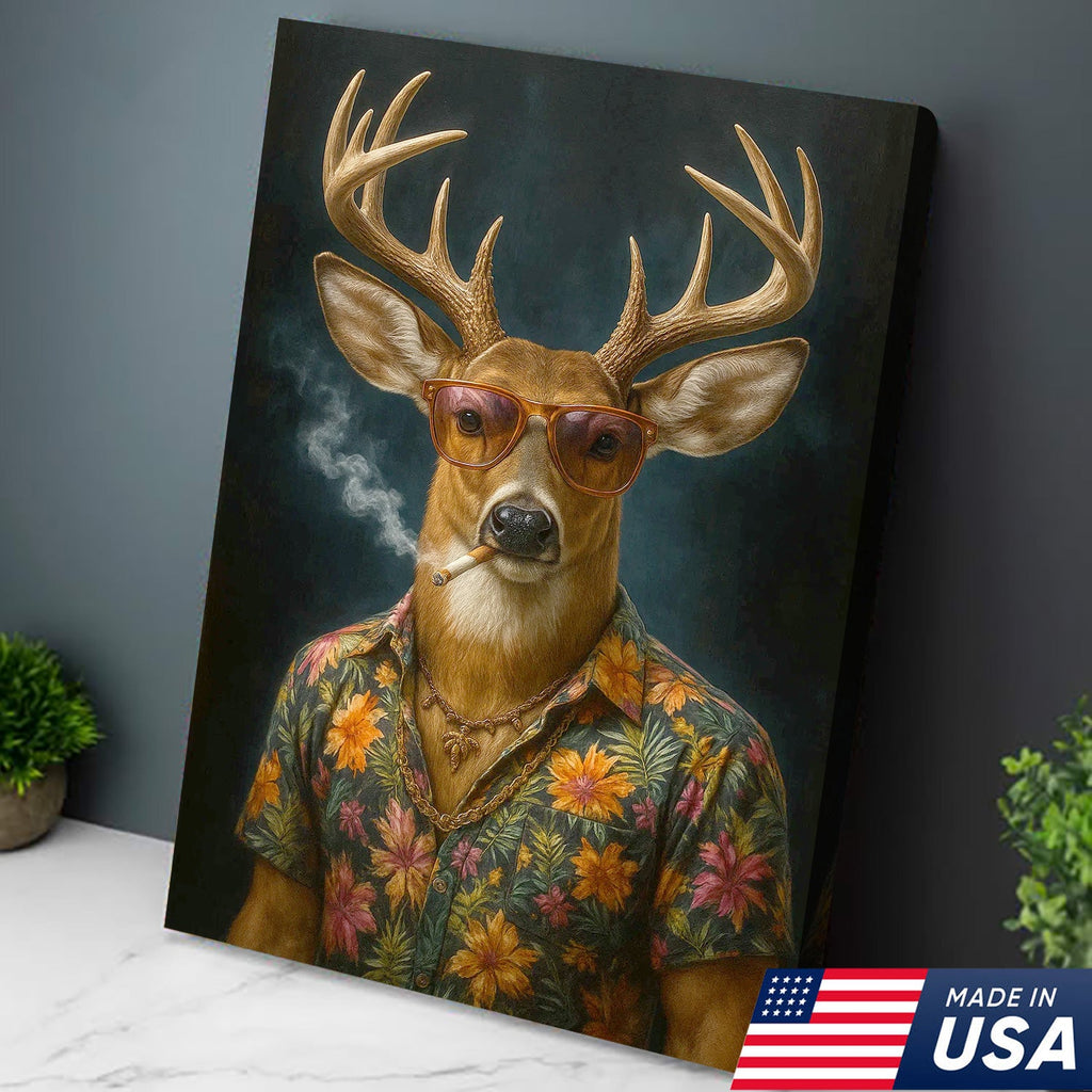 Cool Deer Smoking Canvas Wall Art, Funny Animal Portrait Artwork, Retro Hunter Gift Decor