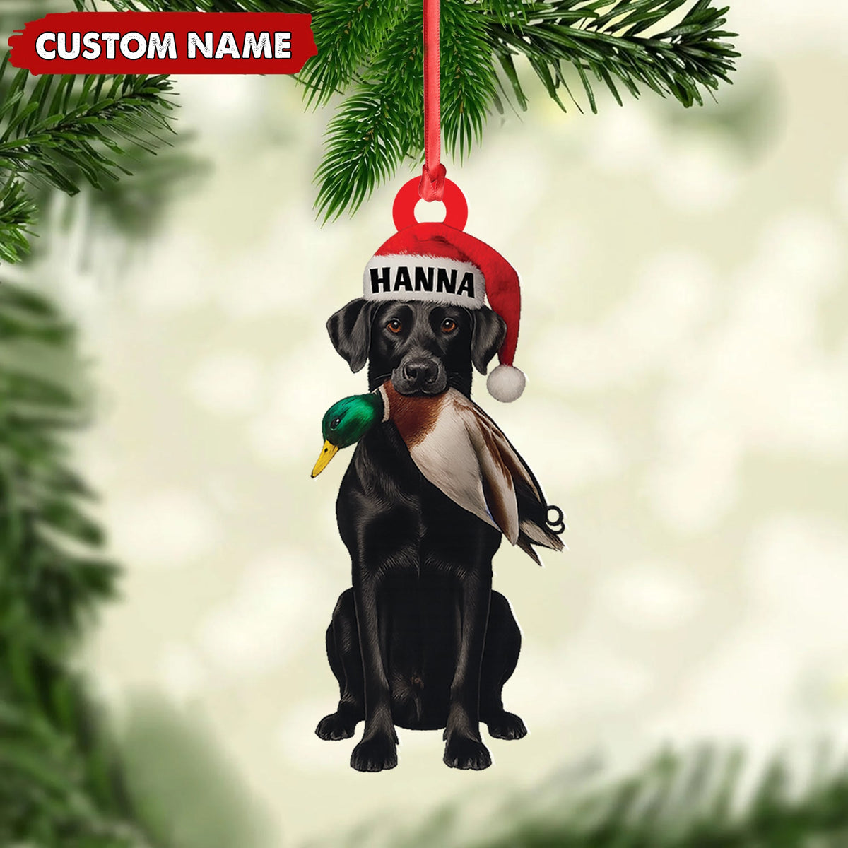 Personalized Hunting Dog Christmas Ornament with Duck – Custom Name Lab Retriever Holiday Decor