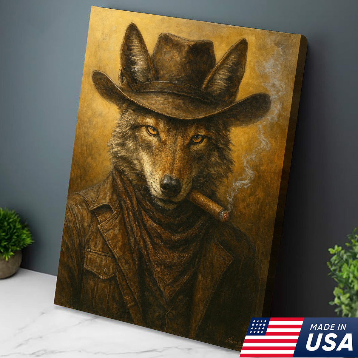 Coyote Cowboy Canvas Wall Art – Rustic Western Outlaw Painting for Lodge, Bar, Hunters