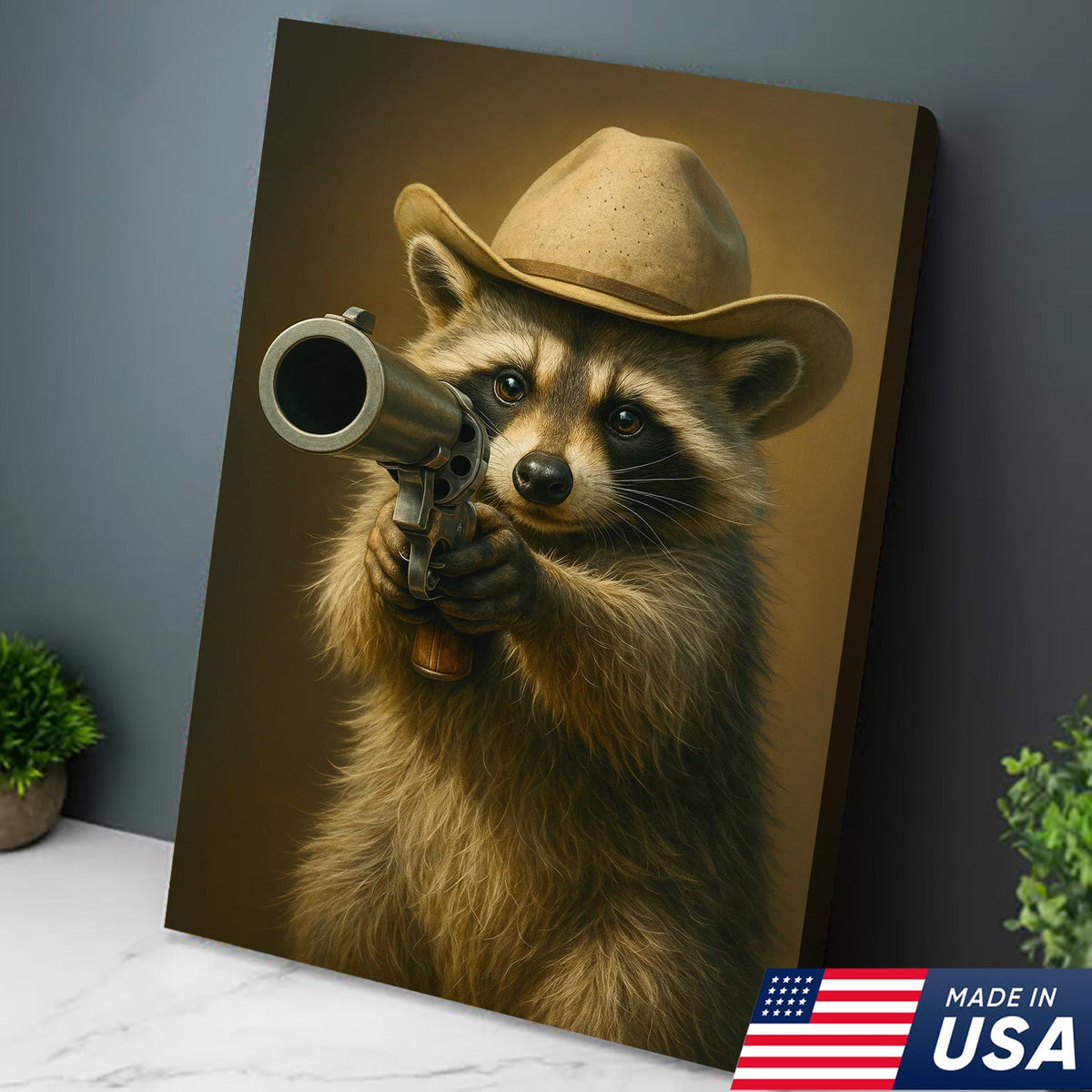 Cowboy Raccoon with Revolver Canvas Wall Art, Funny Western Critter Decor