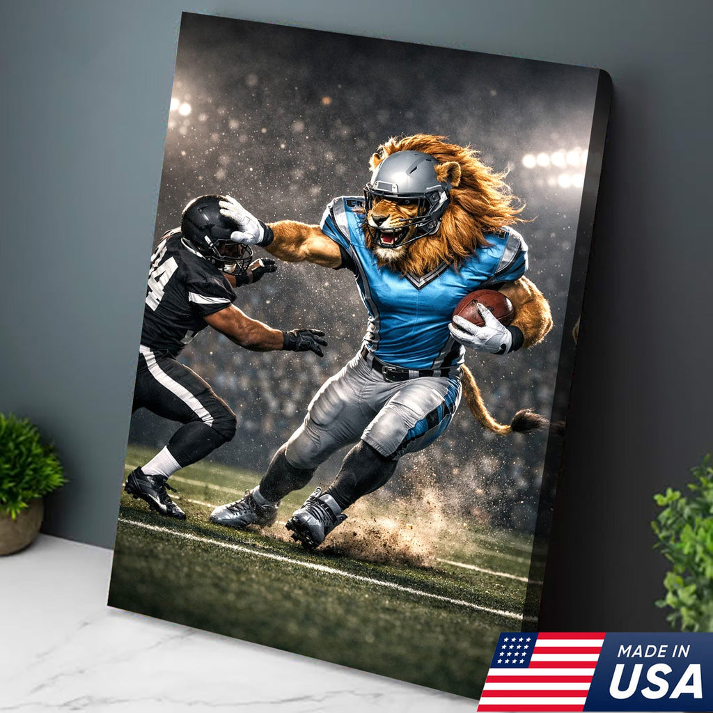 Fearless Lion Football Canvas Wall Art – Powerful Big Cat Athlete Stadium Action Print