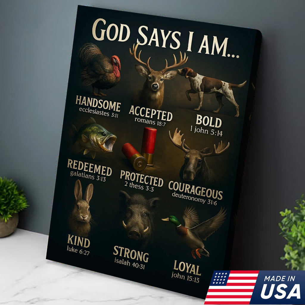 God Says I Am Hunting Canvas, Christian Wildlife Wall Art with Deer, Turkey, Duck, and Moose