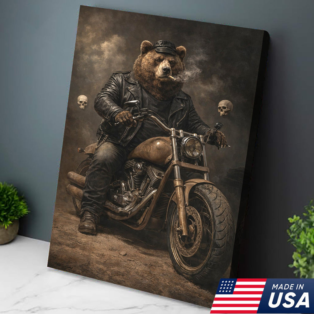 Bear Motorcycle Canvas Print Biker Animal Wall Art Man Cave Decor Gift