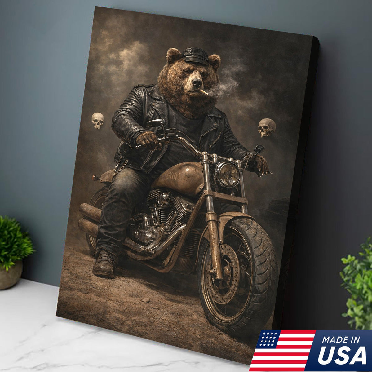 Bear Motorcycle Canvas Print Biker Animal Wall Art Man Cave Decor Gift