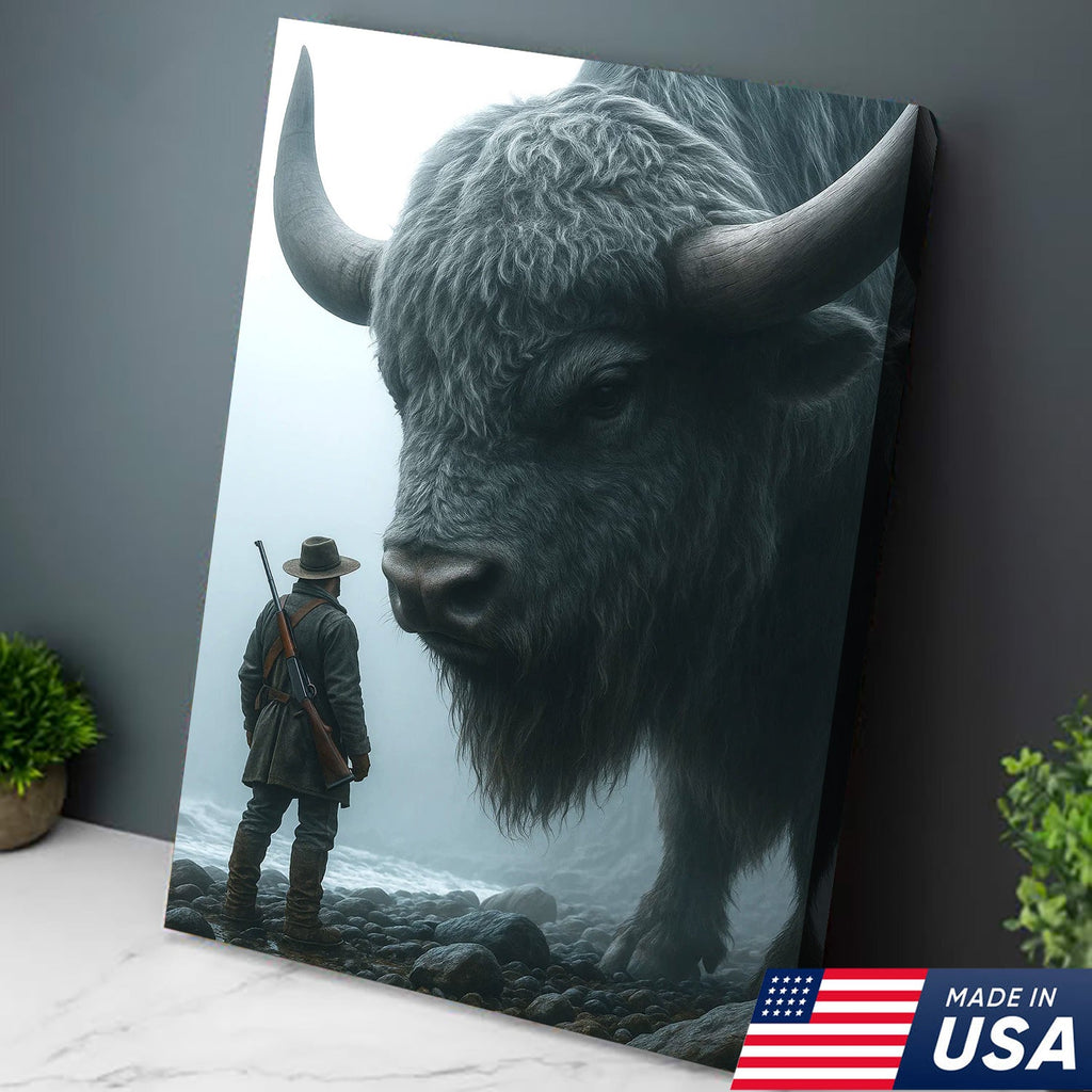 Giant Bison and Cowboy Wall Art Canvas, Western Hunter Standing by Buffalo Print