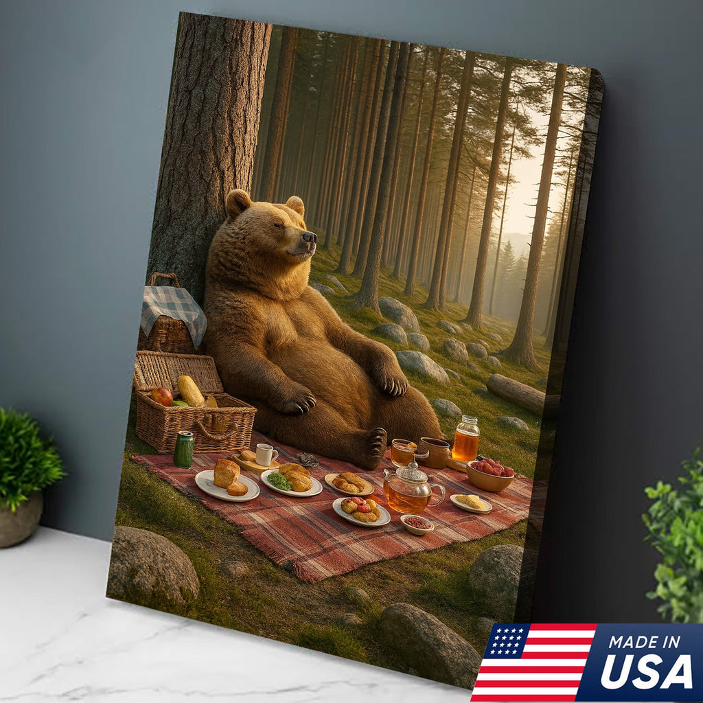 Bear Picnic Forest Wall Art Canvas – Relaxing Woodland Bear Canvas Print for Kitchen Cabin Decor
