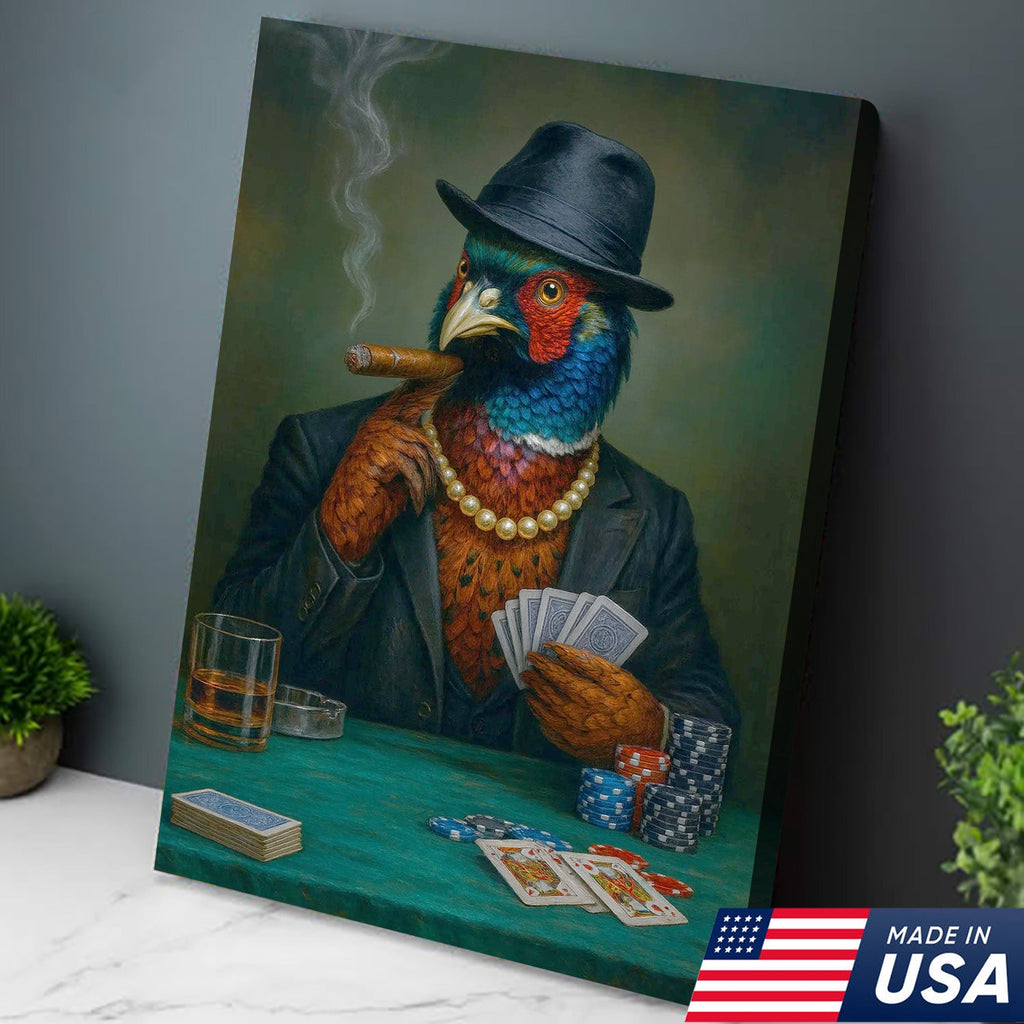 Funny Pheasant Poker Player Canvas Wall Art, Colorful Bird in Suit Casino Decor