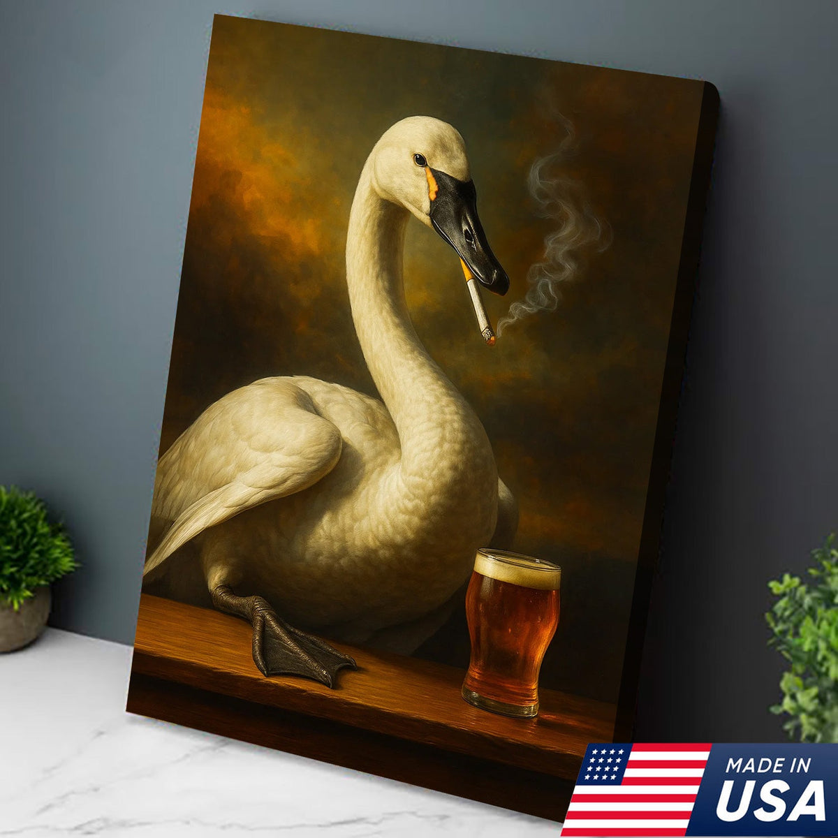 Rustic Tundra Swan Canvas Wall Art – Elegant Wildlife Bar Scene with Beer – Hunting Cabin Decor