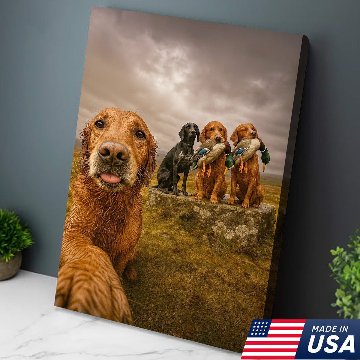 Hunting Dogs Selfie Canvas Art – Funny Retriever Group Photo with Ducks