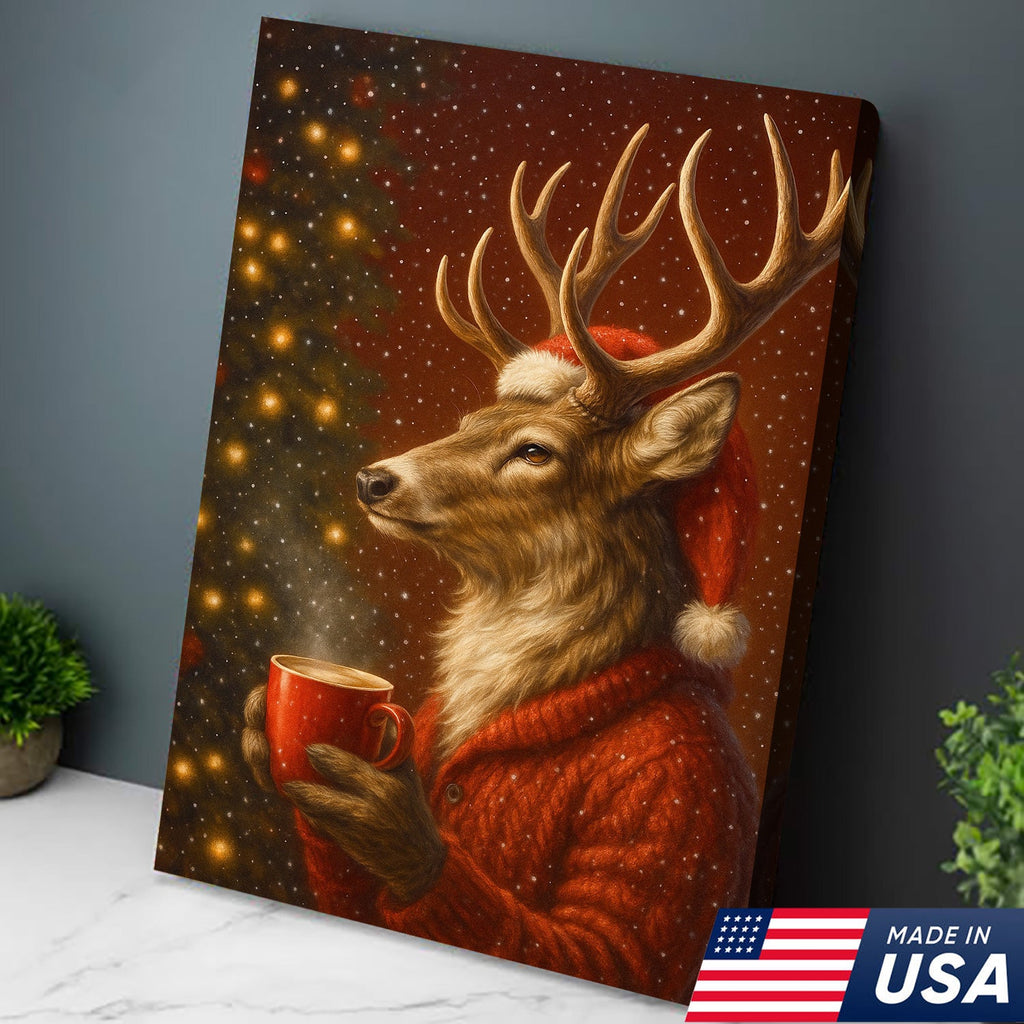 Christmas Deer Drink Coffee In Cozy Sweater Canvas Wall Art - Holiday Cabin Decor