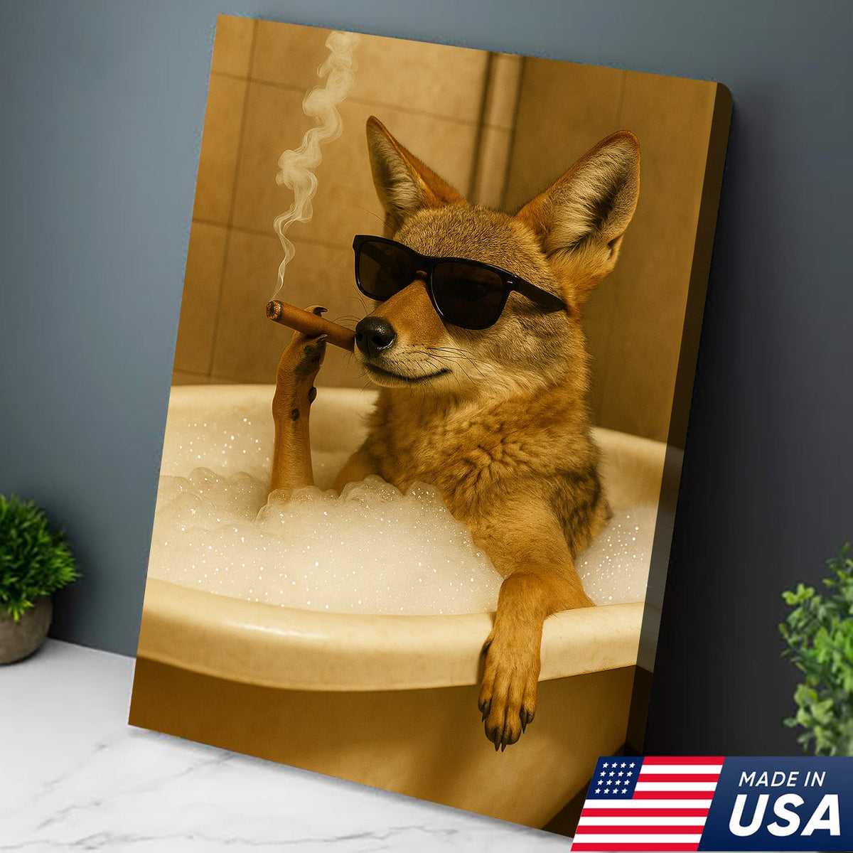 Cool Coyote in Bathtub Canvas – Funny Bathroom Wall Art for Rustic Cabin