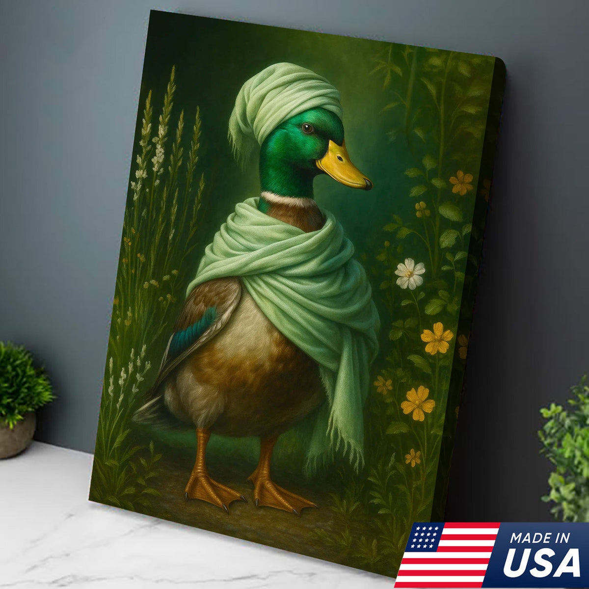 Duck in Green Scarf Canvas Wall Art, Whimsical Animal Portrait, Cottagecore Farmhouse Decor