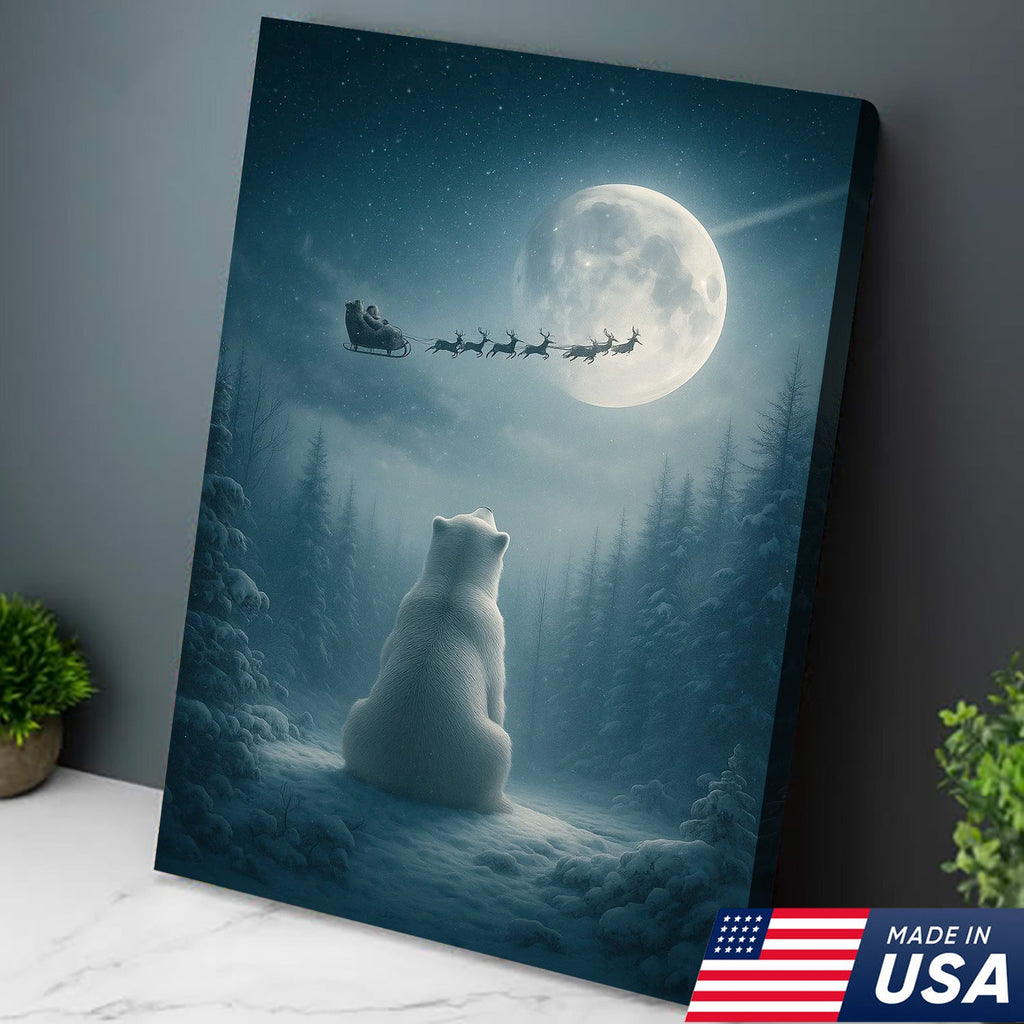 Christmas Polar Bear Santa Sleigh Wall Art Canvas, Winter Night Forest Moon Decor