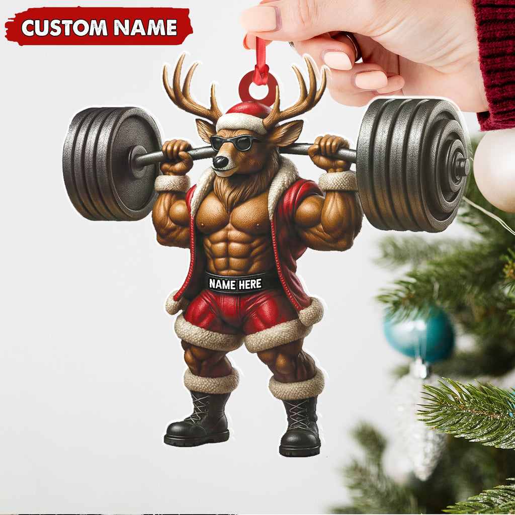 Personalized Acrylic Muscle Deer Christmas Ornament - Custom Weightlifting Holiday Decoration