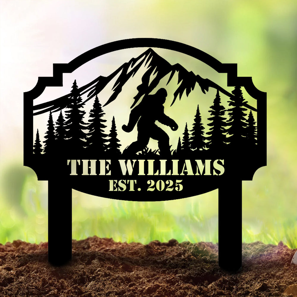 Personalized Bigfoot Mountain Scene Metal Sign – Custom Family Yard Sign