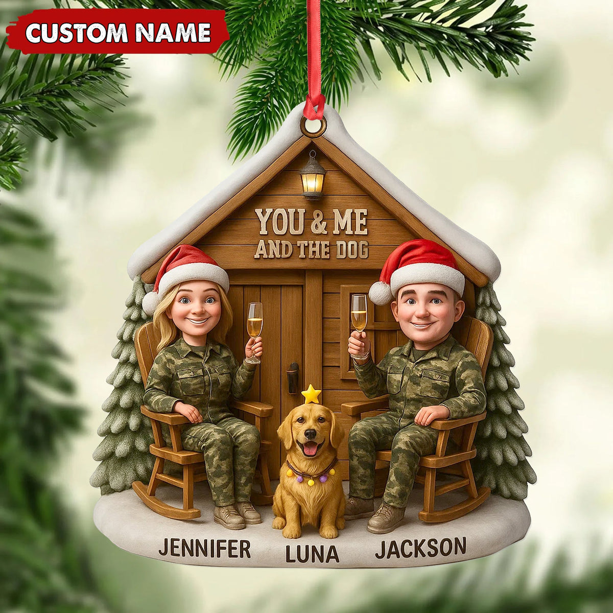 Personalized Hunter Couple Dog Christmas Ornament, Custom Name “You and Me and the Dog” Cabin, Cute Hunting Family Pet Lover Gift