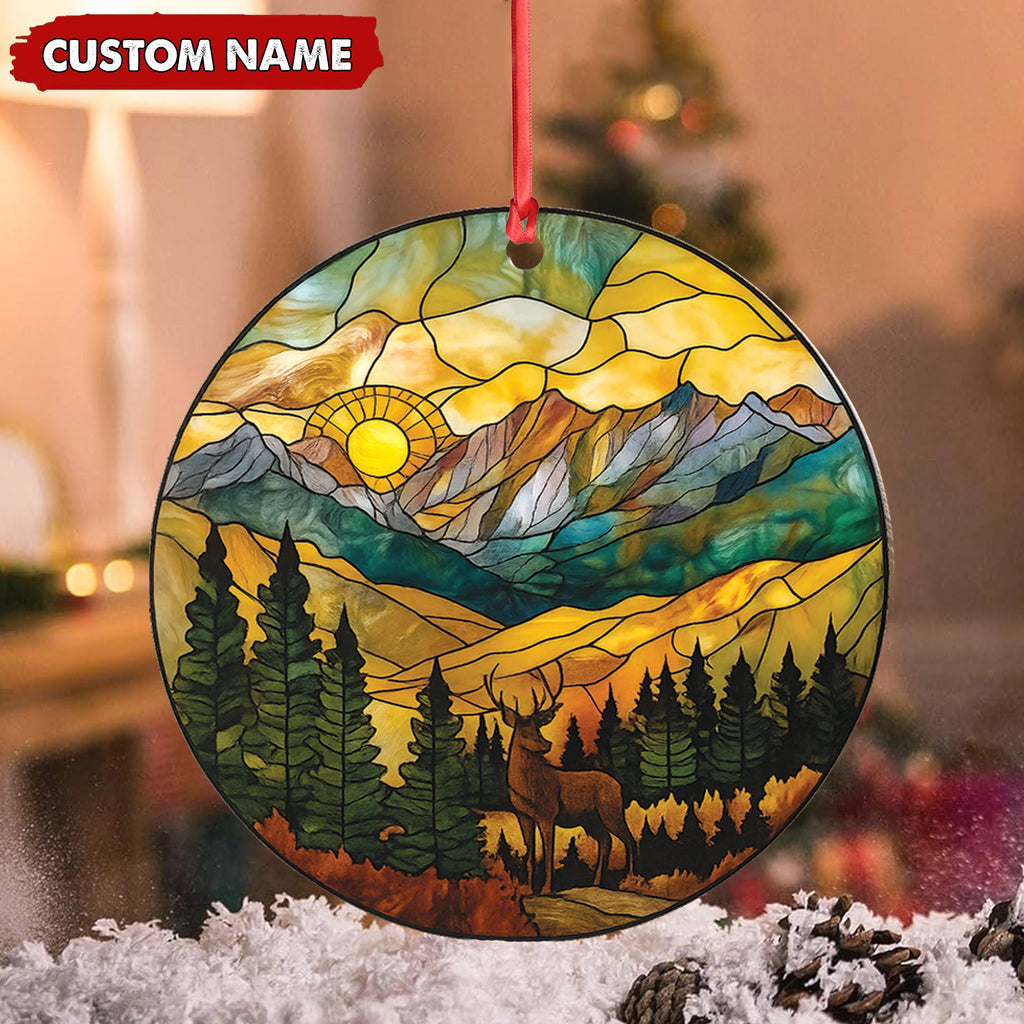 Personalized Deer Stained Glass Acrylic Ornament – Mountain Sunrise Christmas Tree Decoration Gift