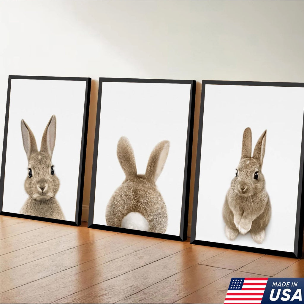 Cute Bunny Trio Wall Art Canvas Set, Minimalist Animal Nursery Illustration